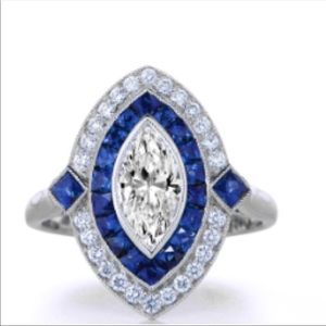 Blue Sapphire and Diamond Marquise Ring - 14K White Gold